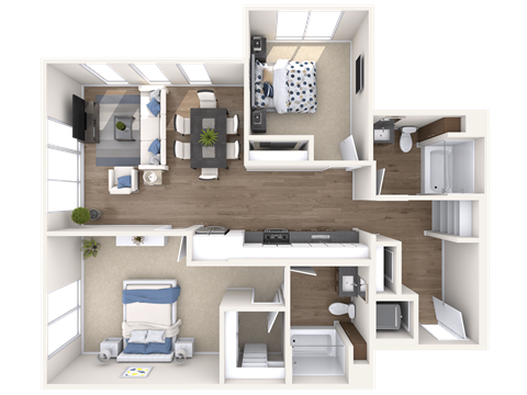 a 3d rendering of a living room with furniture and a bedroom